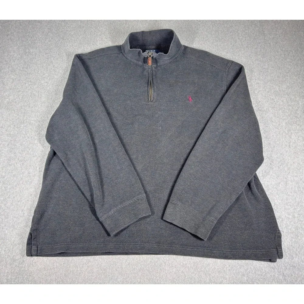 Vintage Polo Ralph Lauren 1/4 Zip Pullover Sweater‎ XL Gray Red Pony Knit Cotton